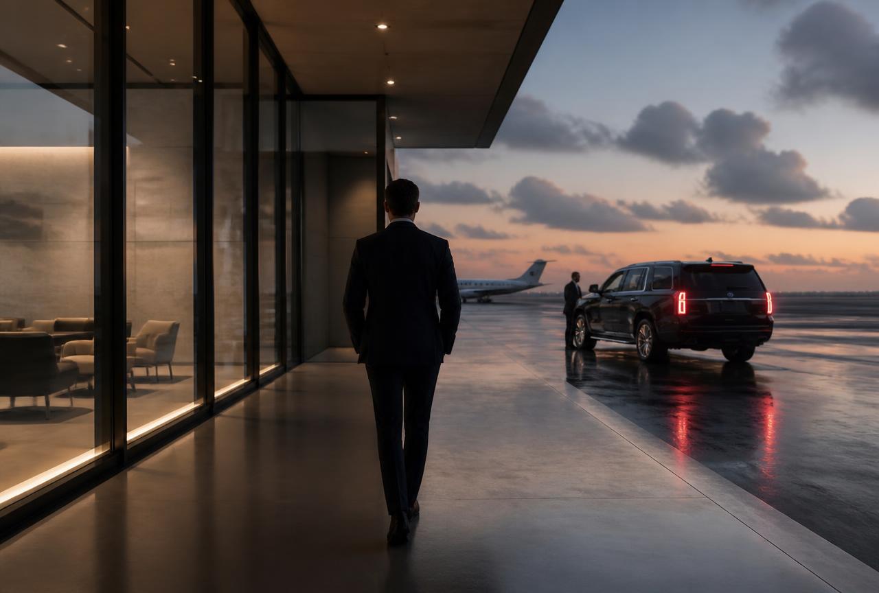Executive walking toward a waiting black SUV at a private terminal