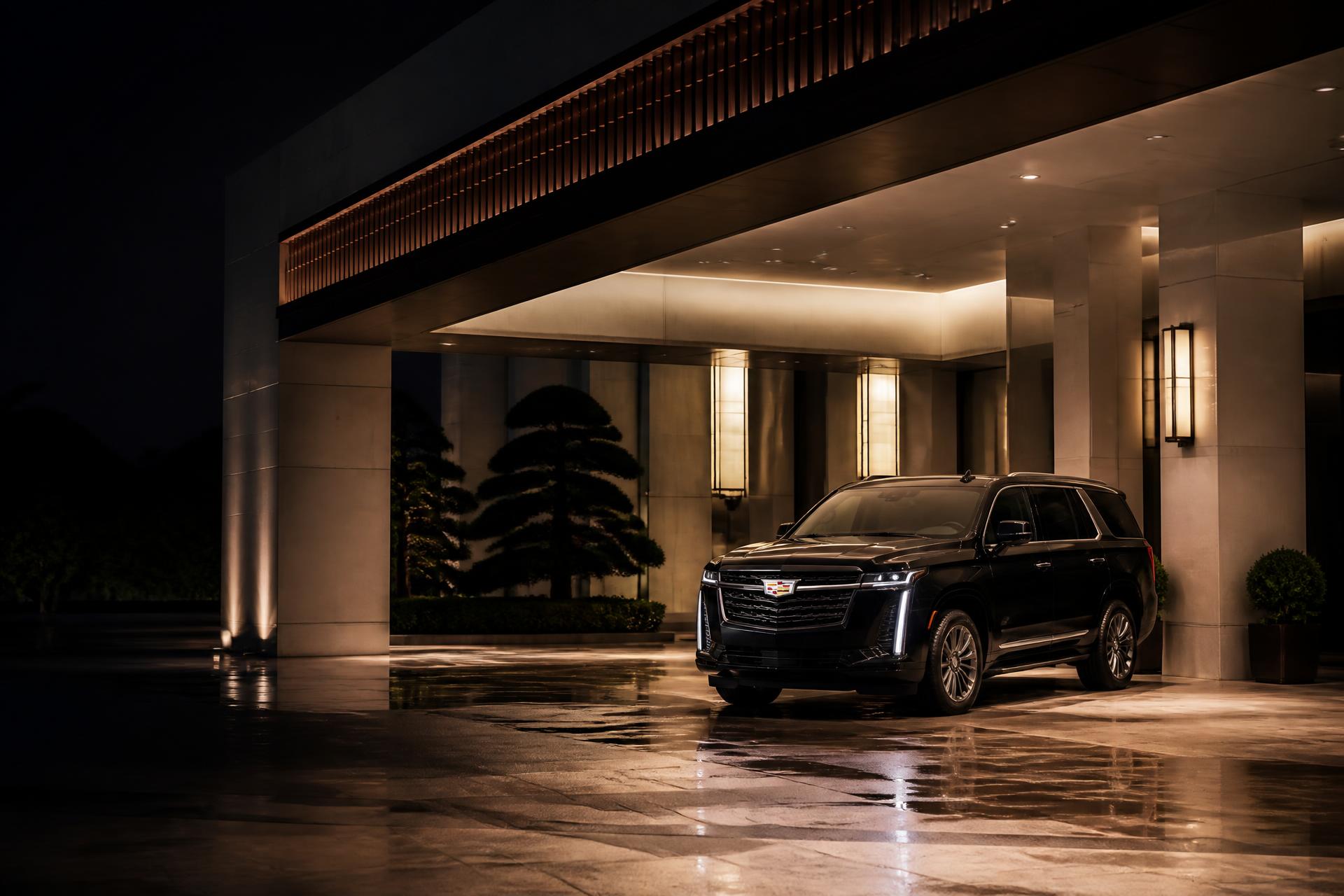 Black executive SUV waiting under the lit entrance of a five-star hotel