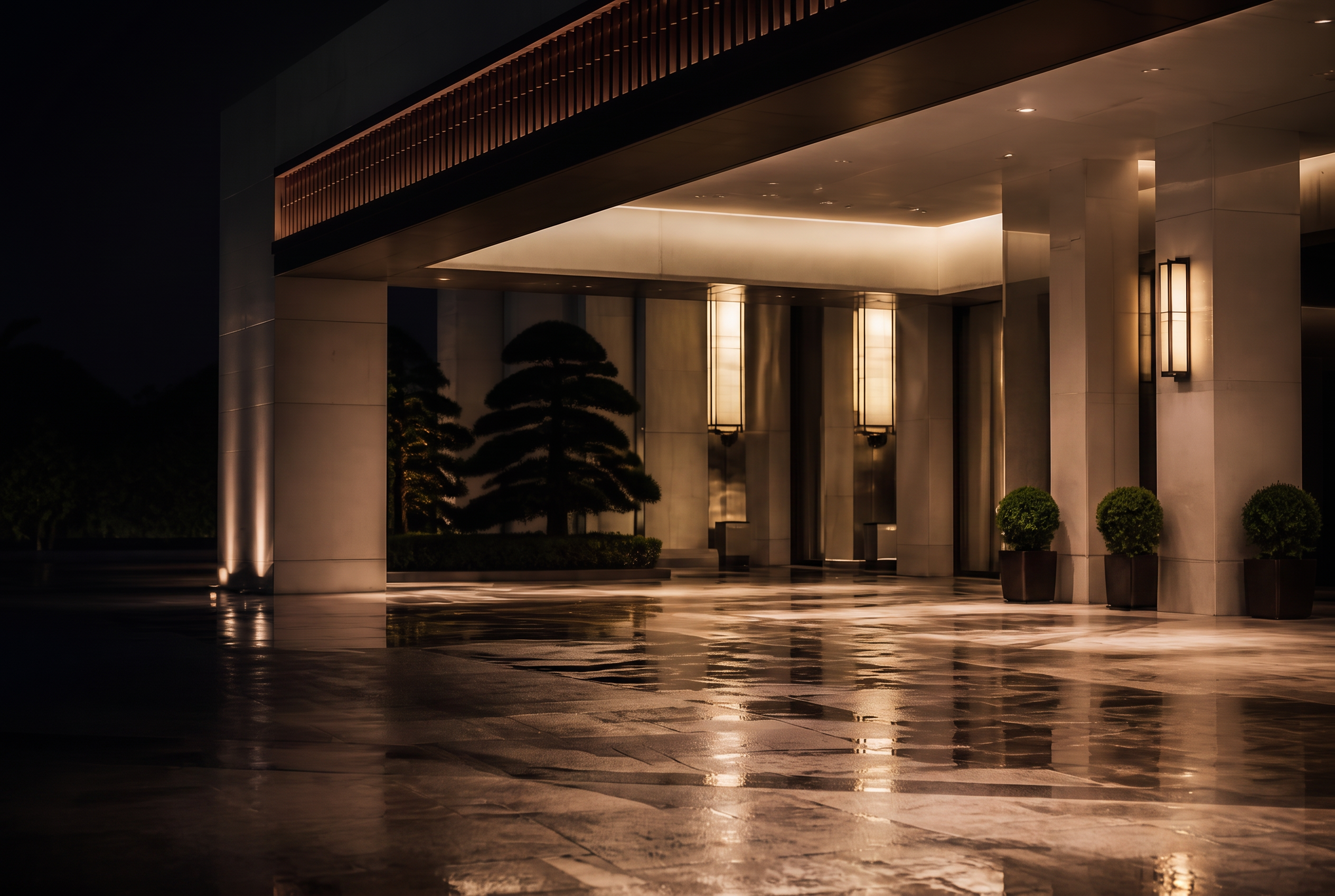 Black executive SUV waiting under the lit entrance of a five-star hotel